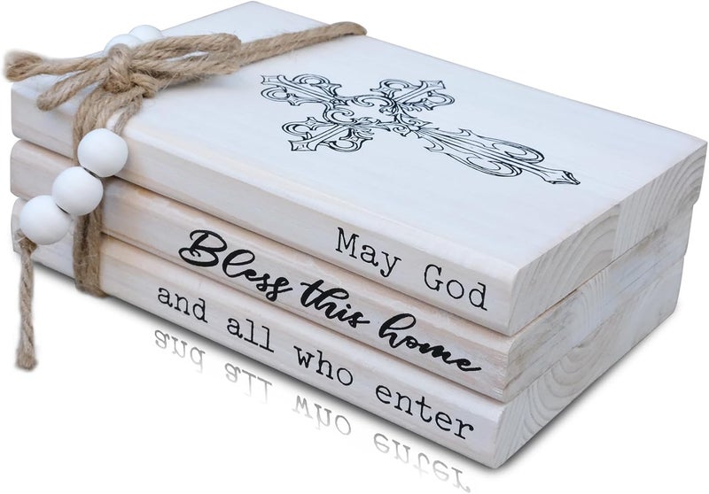 LIVDUCOT Rustic Decorative Coffee Table Books for Home, Wood Book Stack Decor Set of 3, Farmhouse Mantel Decor, Christian Gifts (May God Bless This Home And All Who Enter) - Image 1